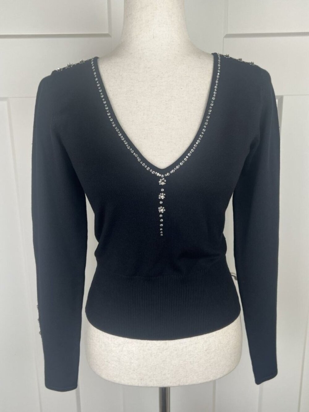 Vintage Cache Silk Blend Sweater S Black Rhinestone Embellished Stretch Knit
